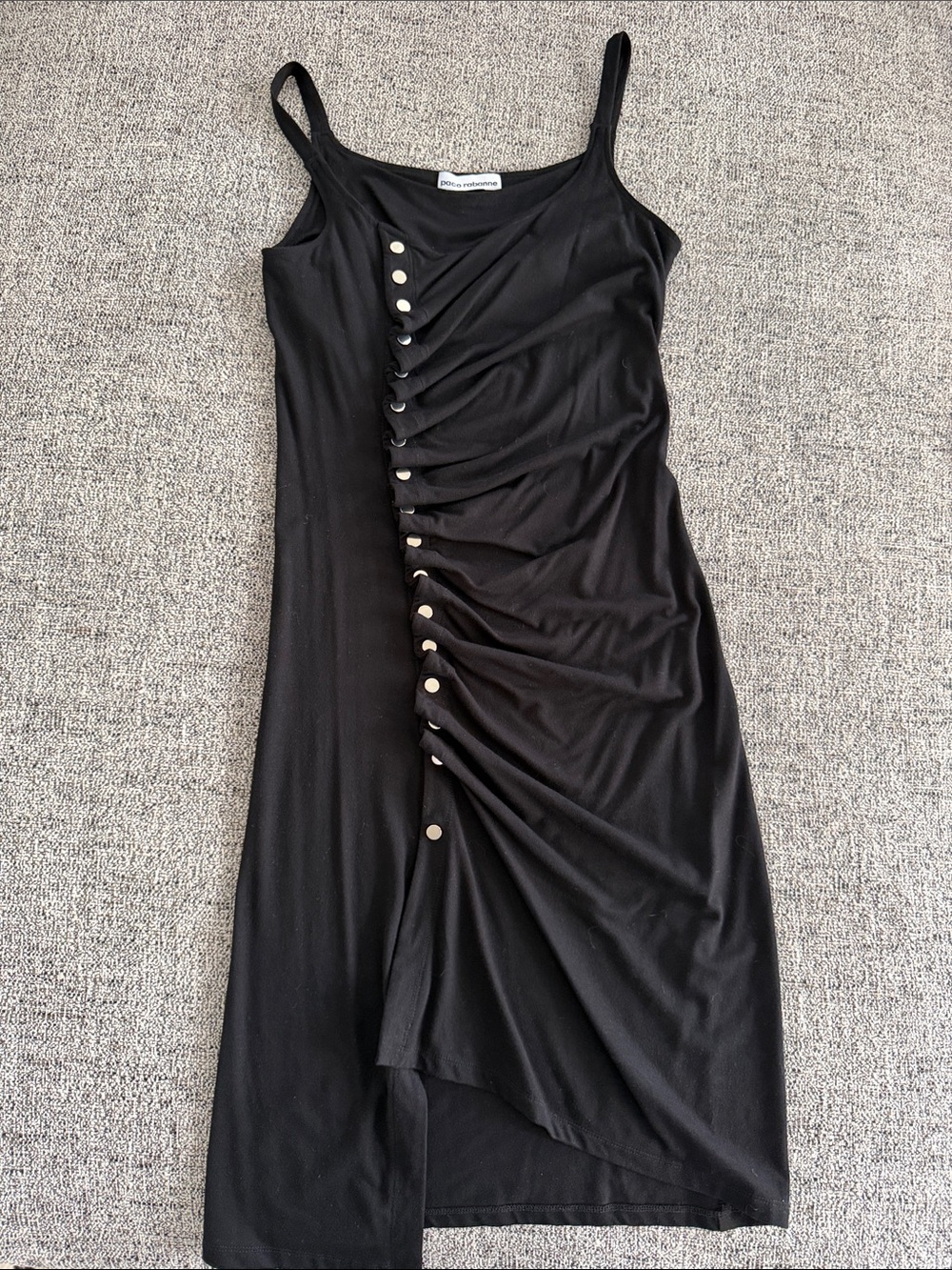 Paco Rabanne Black Asymmetric Ruched Slip Dress with Button Detail